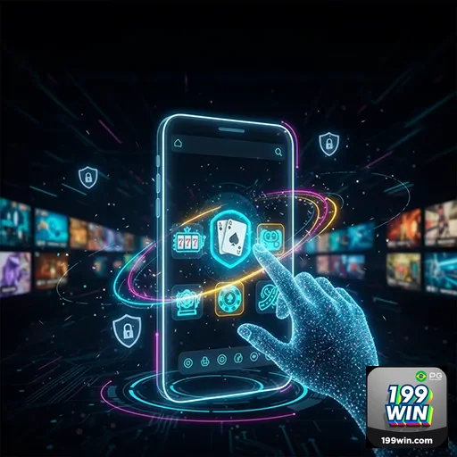 Imagem do aplicativo 199win exibido na tela, promovendo o site 199win para apostas online e jogos de cassino.