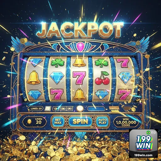 Imagem do site 199win mostrando uma máquina de caça-niquel com tema de slots, promovendo jogos de cassino online.